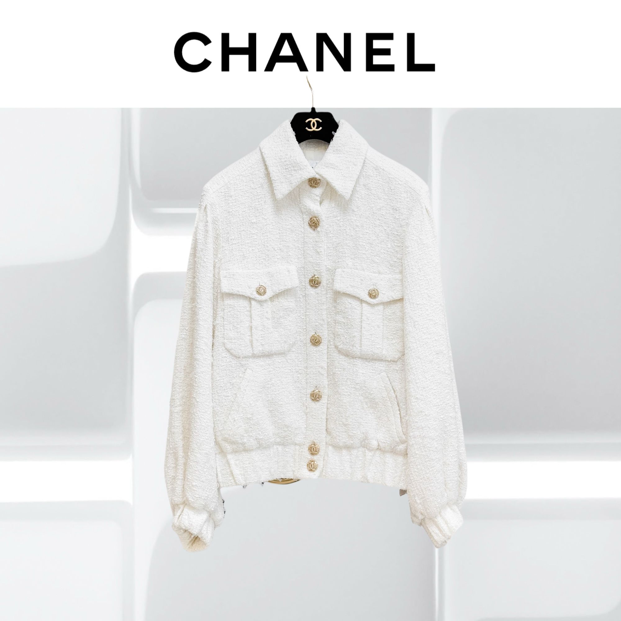 99新 Chanel/香奈儿  40码21P春夏预告白色粗花呢泡泡袖外套