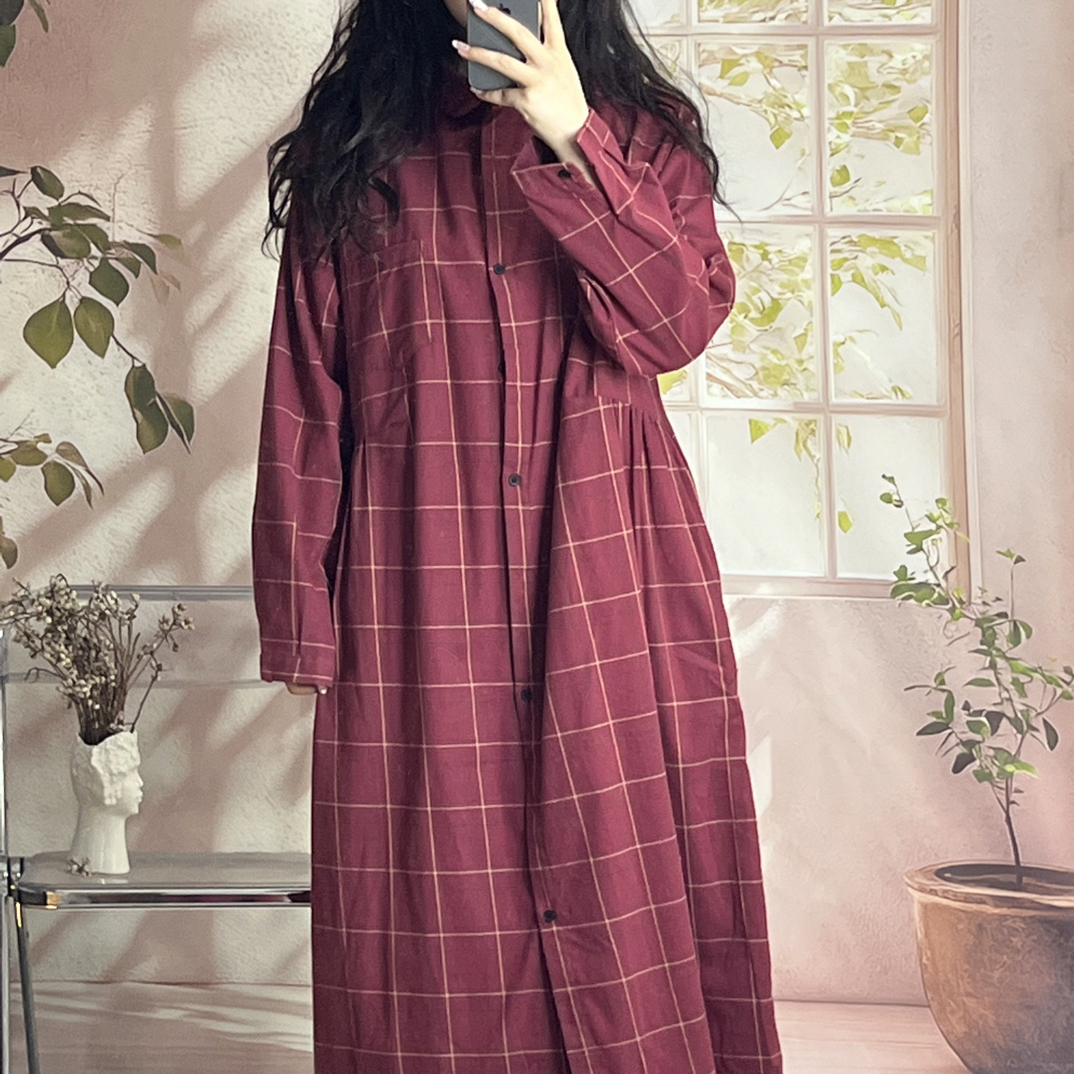 日系 经典磨毛婉约格子连衣裙