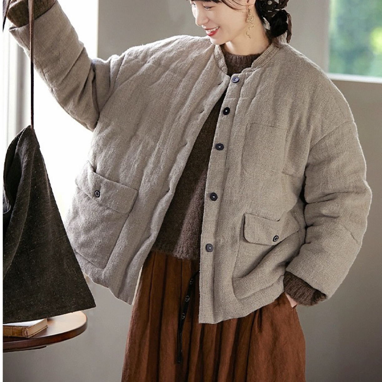 88115原生态野生汉麻造型感皮质扣大口袋棉衣外套（衣长63胸围140）