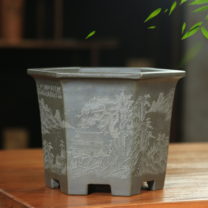 神力紫砂兰花盆六方大号竹子墨兰蕙兰君子兰花盆透气阳台室外盆景