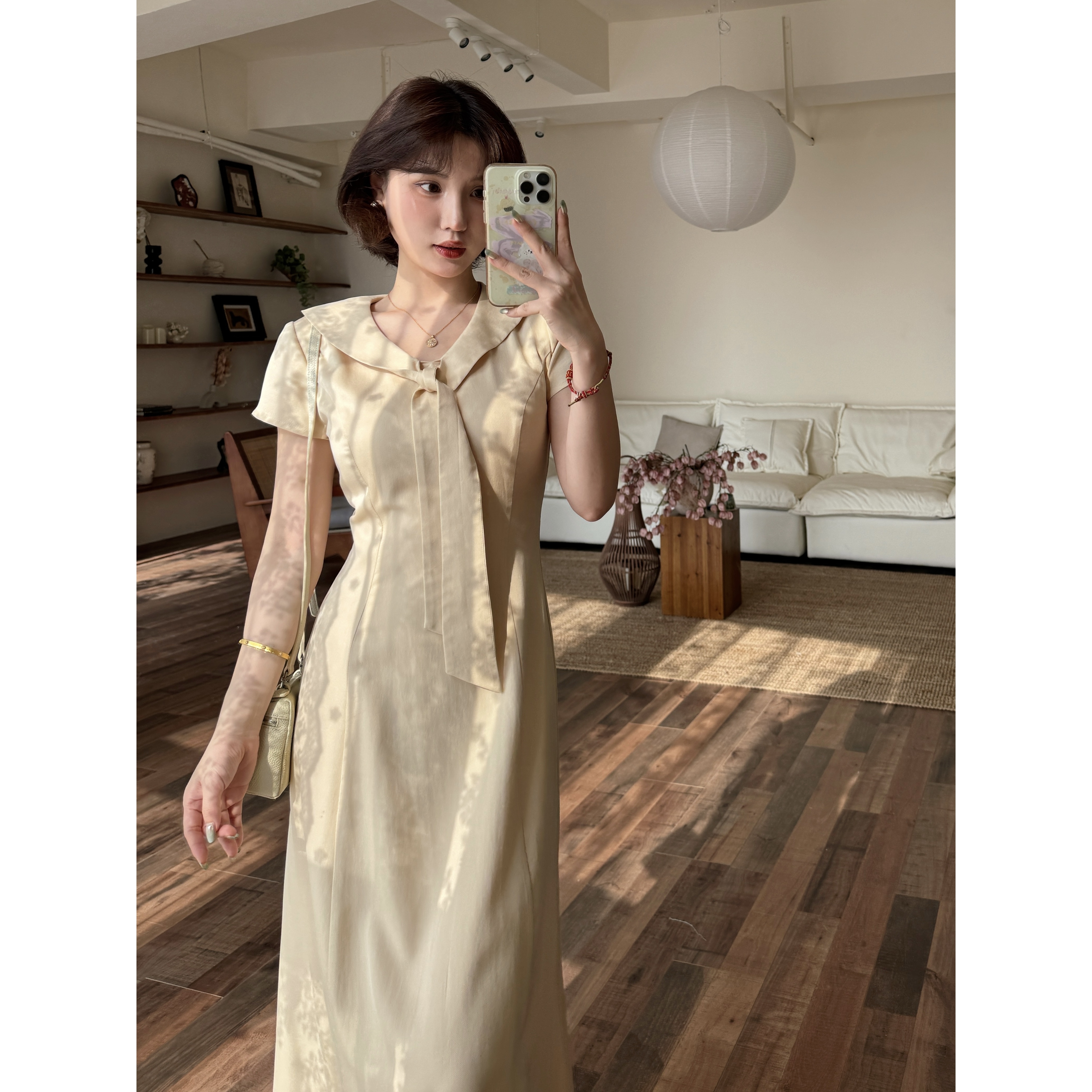 蕾英俊-云卷云舒-夏季天丝优雅千金风法式海军领飘带连衣裙JF6477