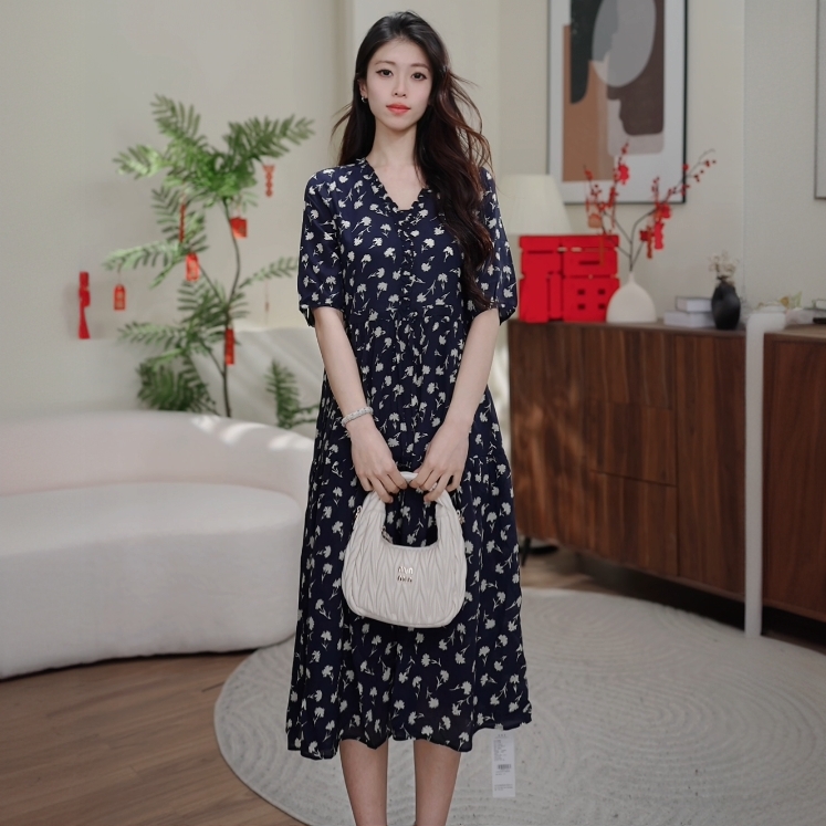 【欧黎蔓】真丝连衣裙2025新款藏蓝色桑蚕丝裙子中长款裙子