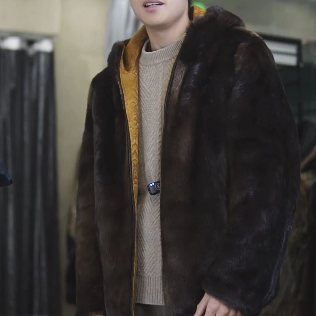 新中式宋锦双面可穿进口水貂裘皮大衣连帽夹克外套