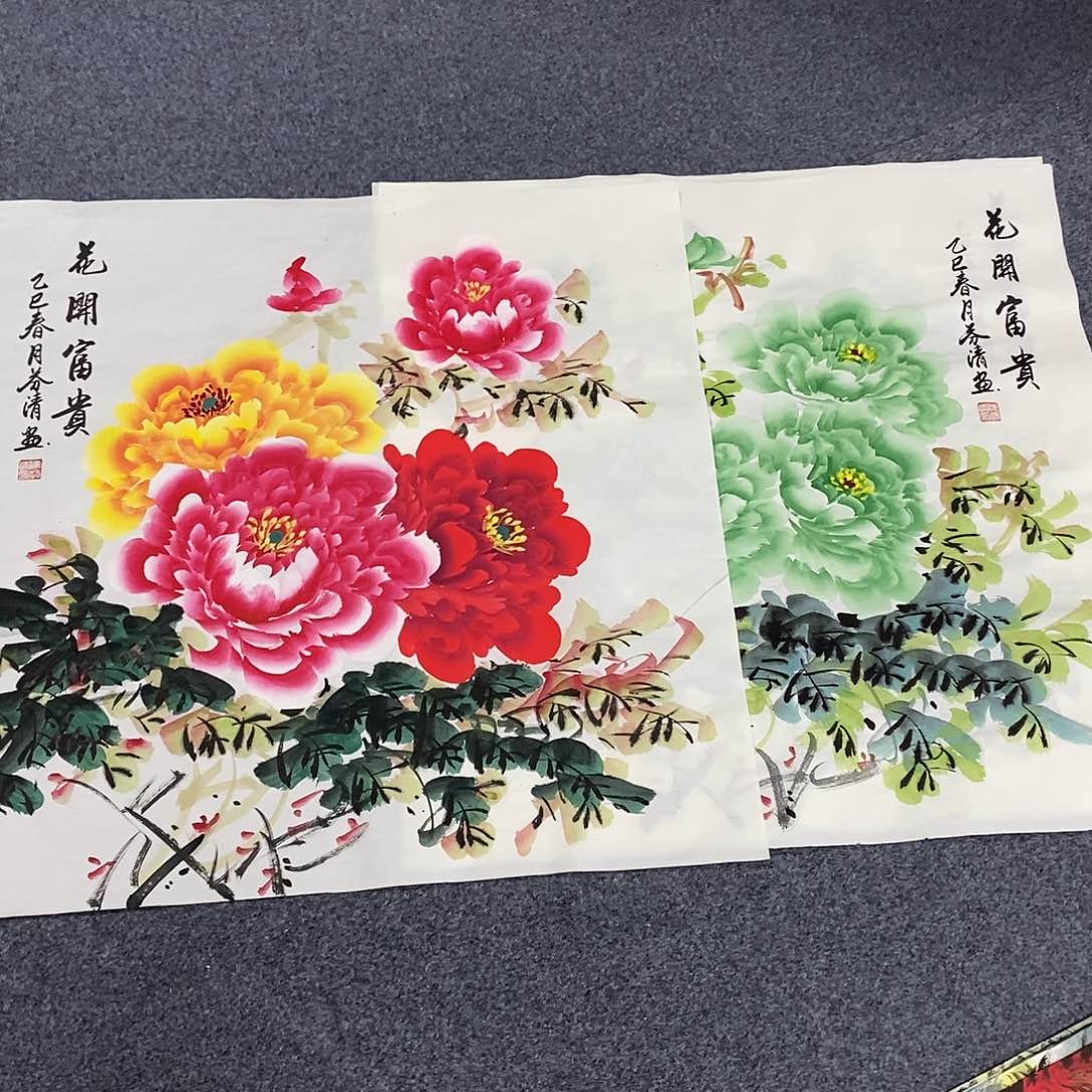 国画68✖️68两张斗方牡丹画画画画画