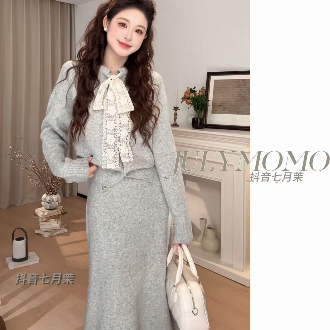 慵懒风气质宽松蕾丝绑带毛衣半裙女装冬新款温柔显瘦两件套7103