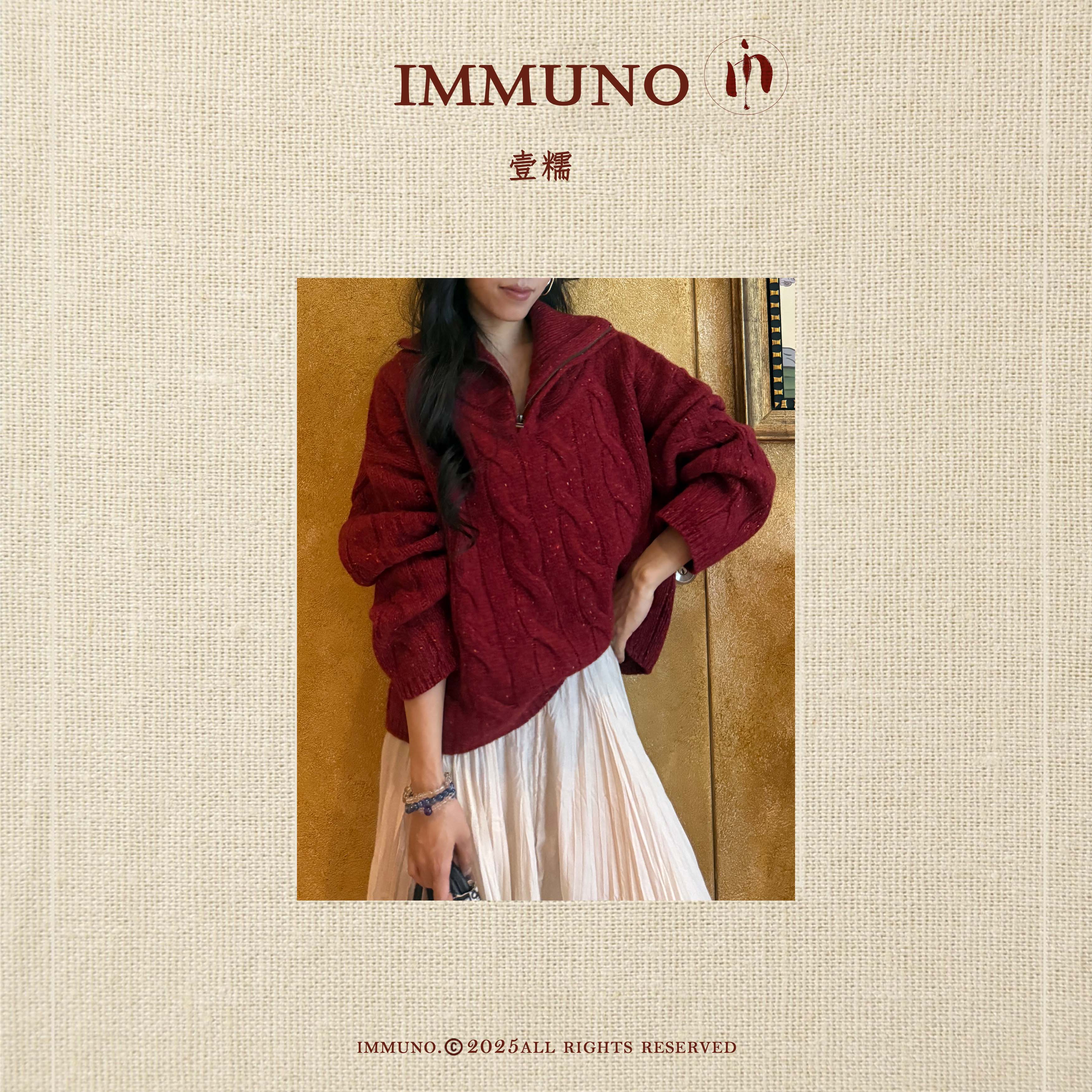 IMMUNO壹糯 氛围感红色点点纱美利奴羊毛拉链套头衫毛衣