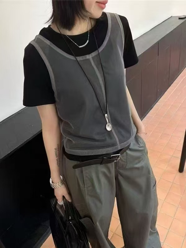 韩系新款时尚设计感圆领短袖拼接网纱T恤女宽松显瘦百搭休闲上衣