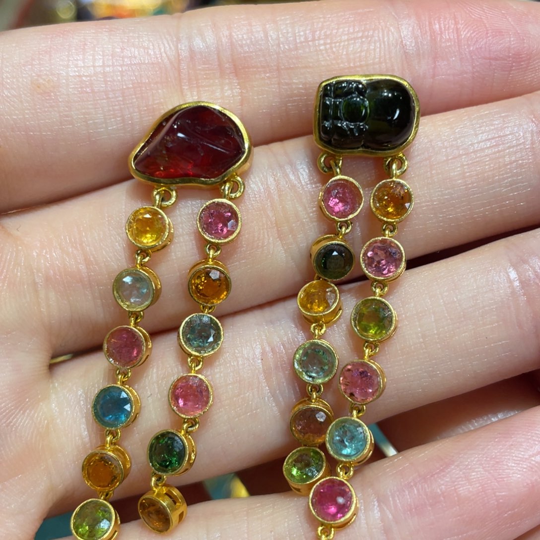 耳钉碧玺银S925镀金镶嵌