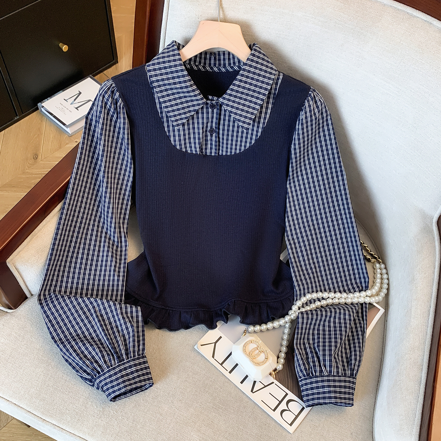 polo领假两件温柔风格子衬衫女2025新款早秋长袖打底衫T恤上衣