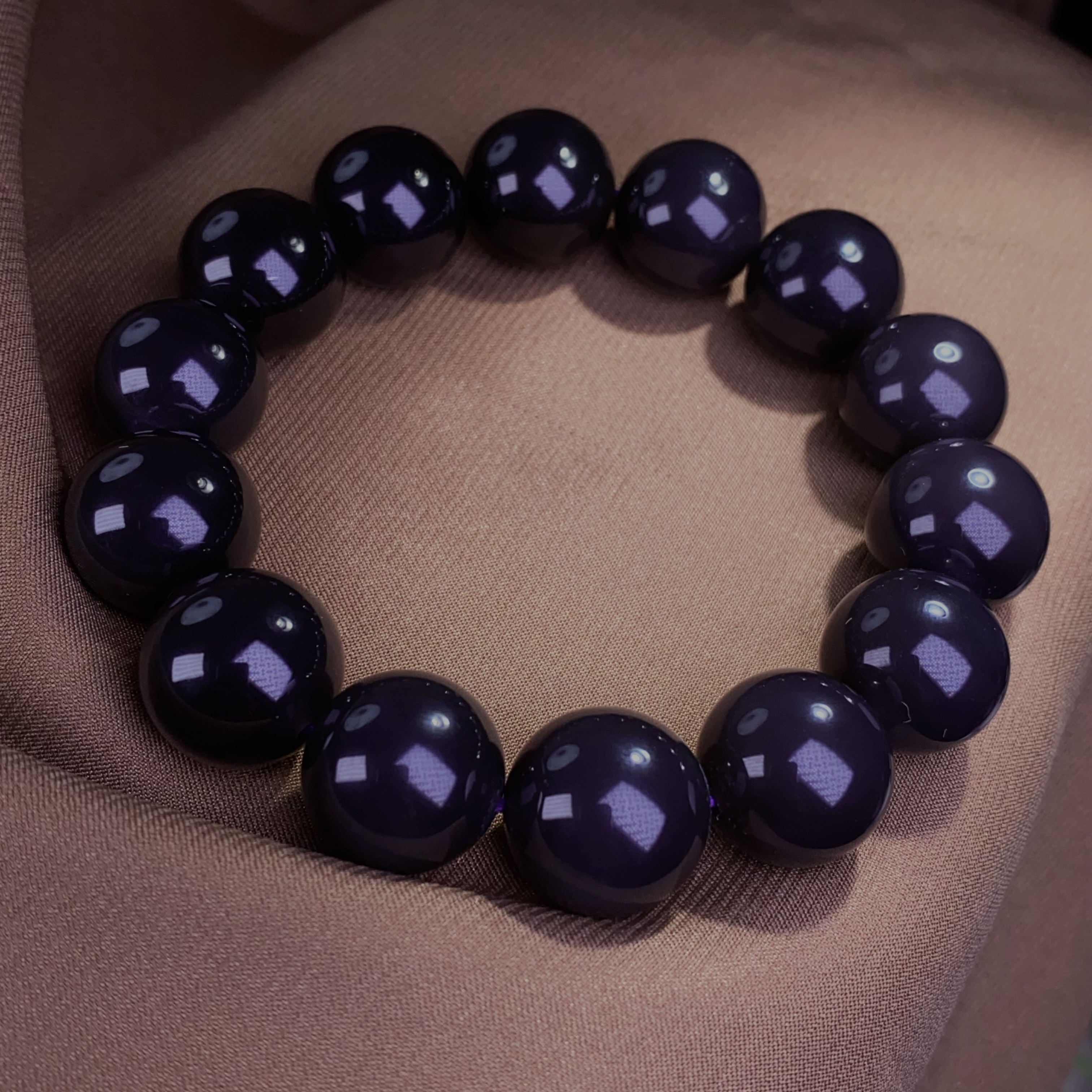 天然和田玉青海料烟紫浓紫帝王紫约16mm大圆珠手串收藏精品@0041