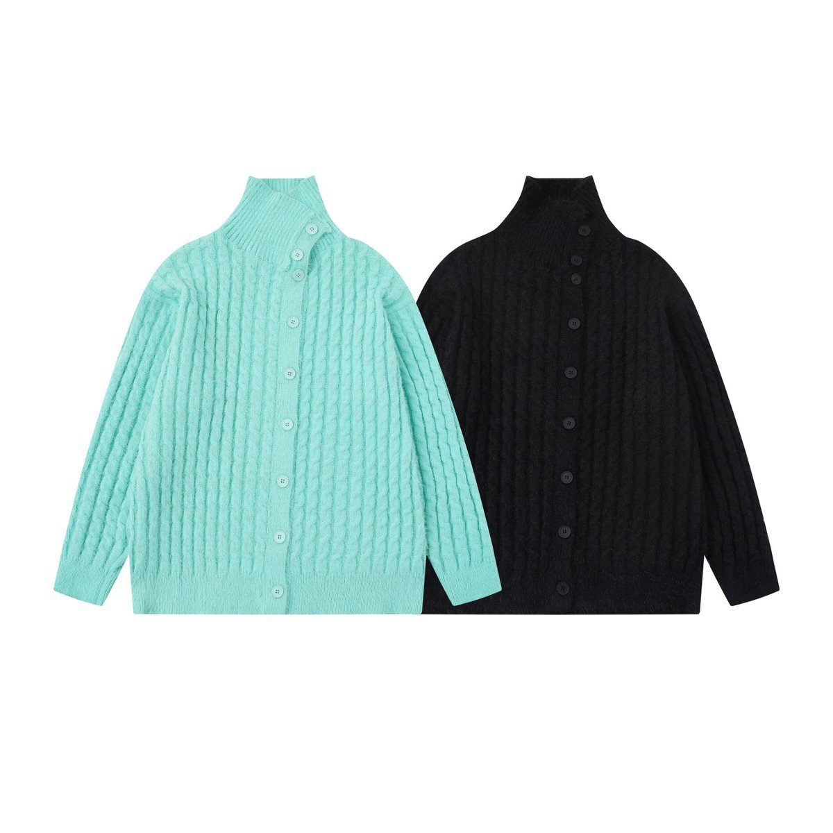 邦欧罗秋冬麻花不对称翻领毛衣宽松休闲慵懒风针织开衫外套上衣