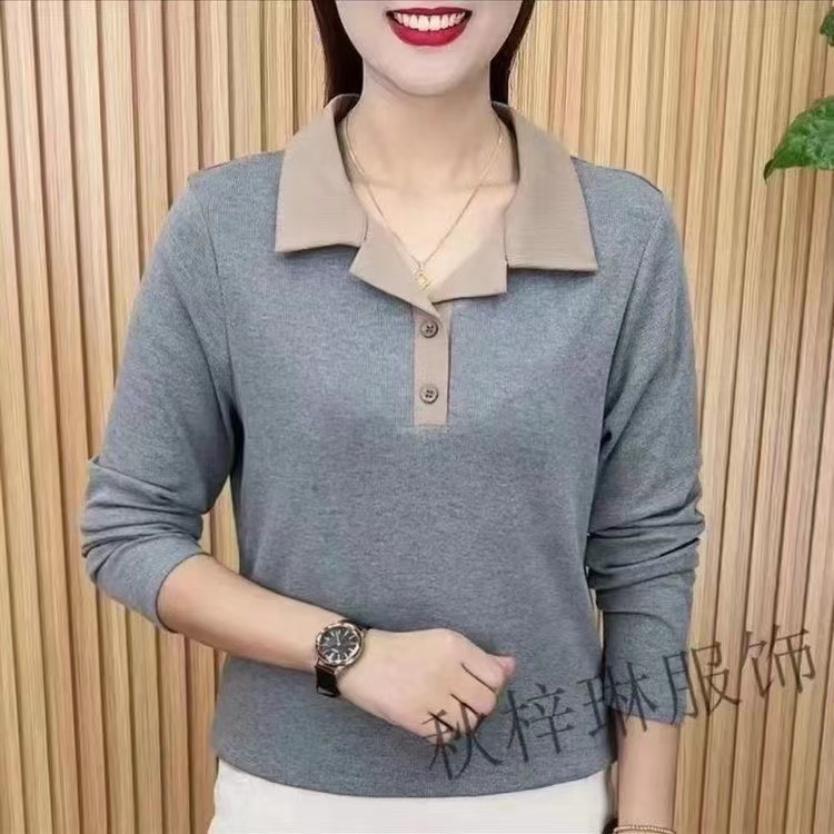 春秋季打底2025时尚洋气休闲新款长袖T恤女妈妈装宽松翻领上衣