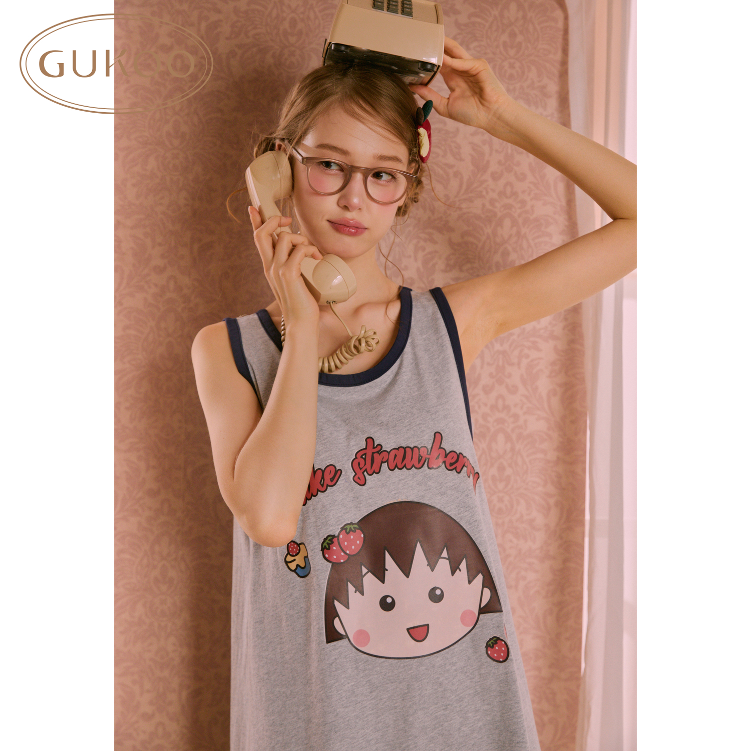 Gukoo/果壳睡衣【含胸垫】夏樱桃小丸子联名纯棉睡裙826223402601
