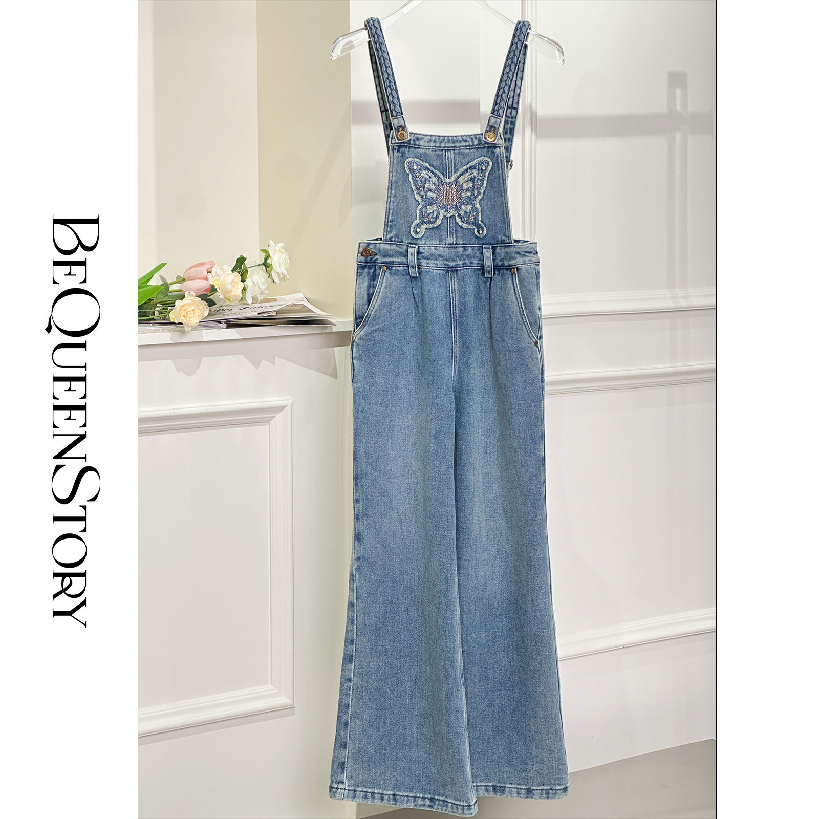 余潇潇【春日蝶序】2025早春新品复古蝴蝶贴布绣水洗牛仔背带裤