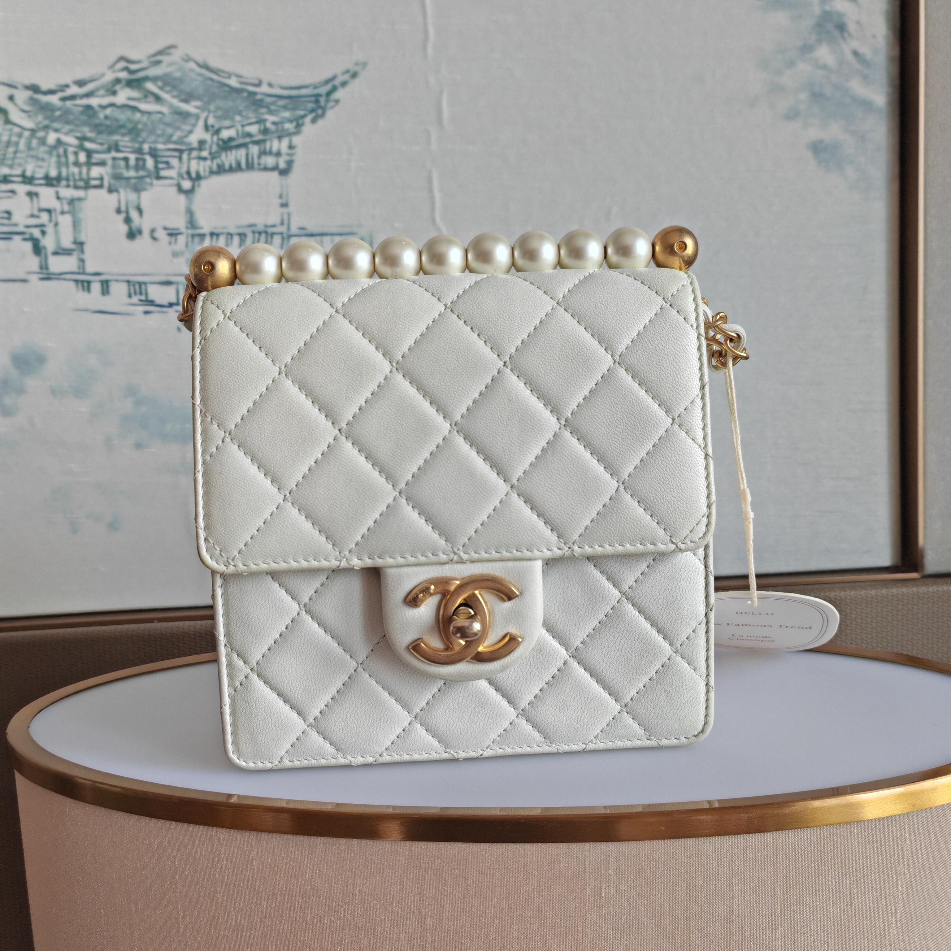 99新 Chanel/香奈儿 白色金扣珍珠cf方胖子链条包斜挎包