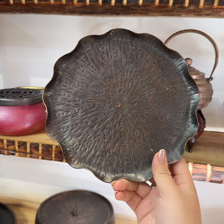 随***去紫铜手工制作荷叶茶盘