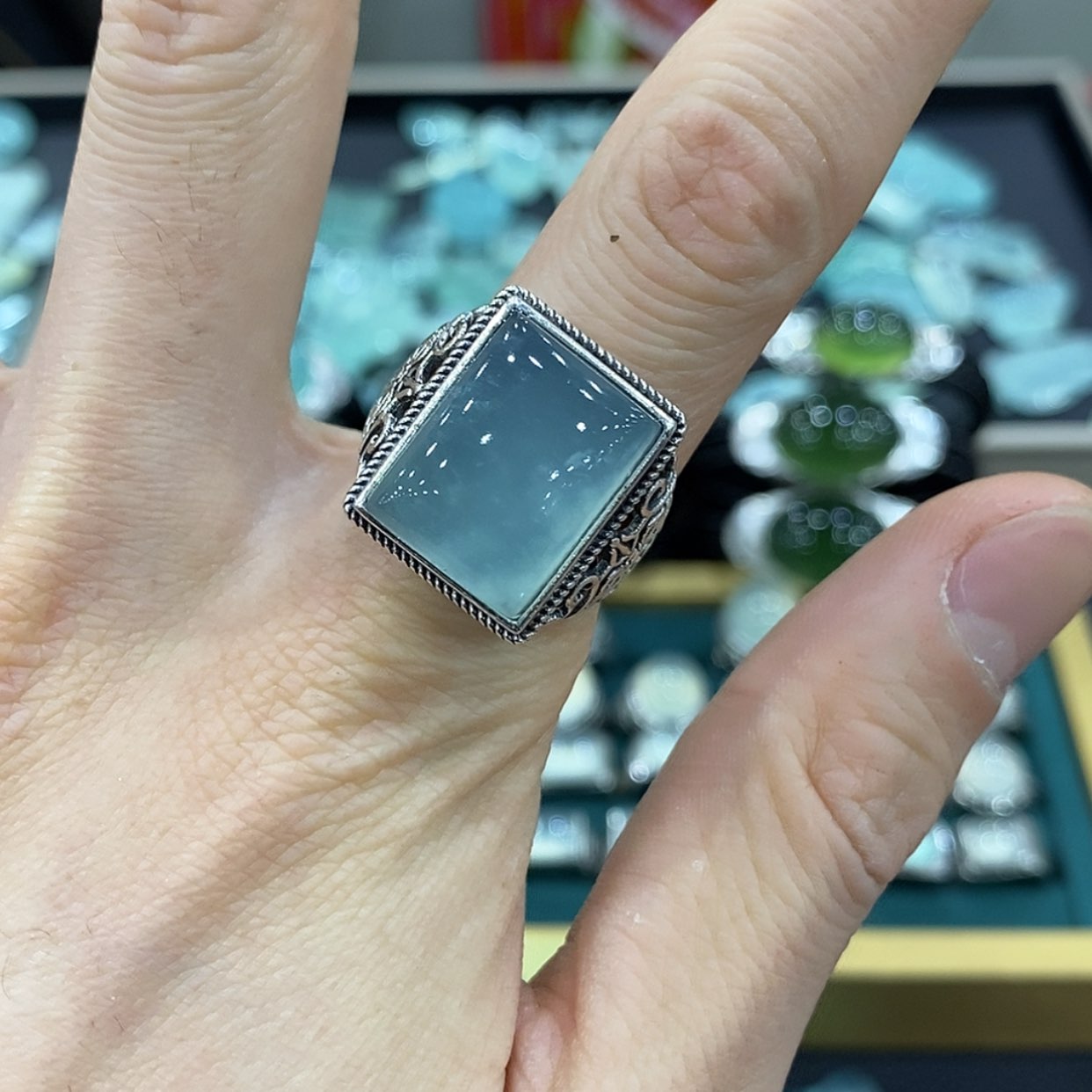 【闪购商品】蛇纹石玉银S925镶嵌戒指