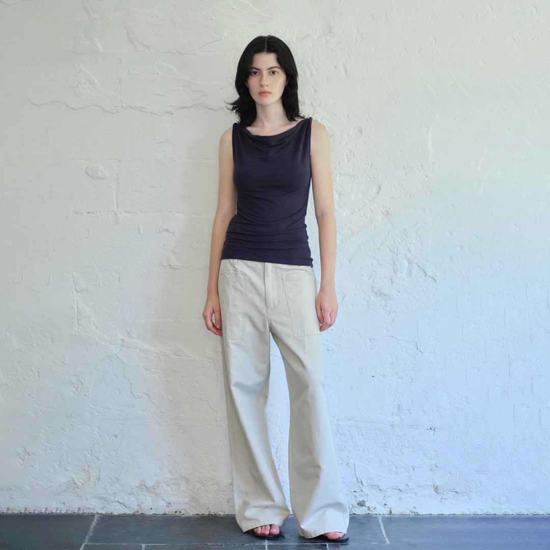 EVISTUB 亚麻混纺休闲挺括利落剪裁中低腰阔腿直筒工装裤长裤女秋