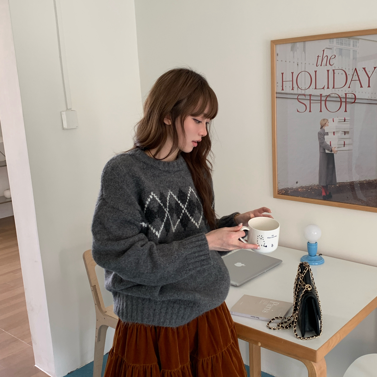 灰色轨迹～韩系复古菱格纹厚实长袖圆领毛衣慵懒风百搭ins