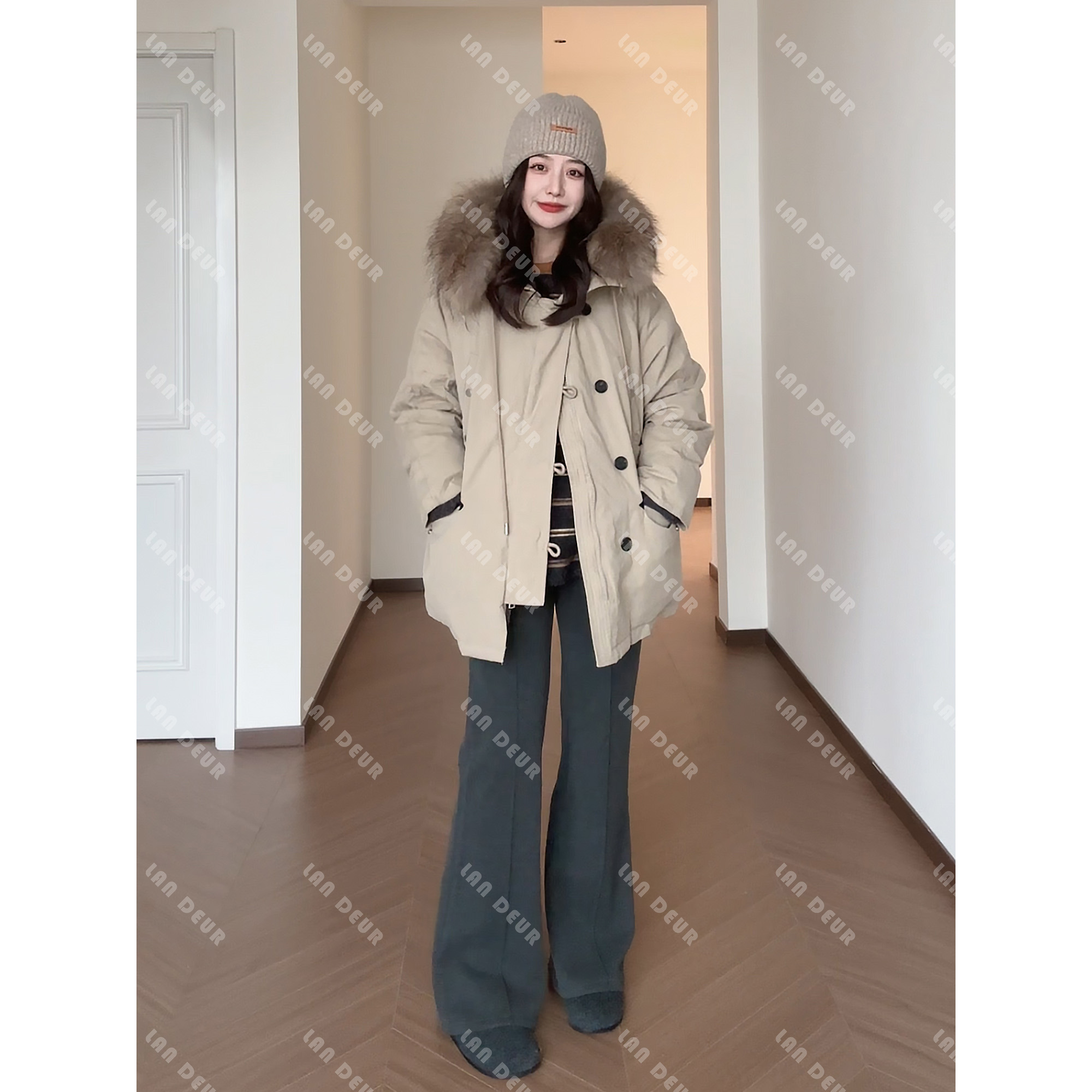 【冬之细语】派克服时尚连帽加厚外套毛领羽绒服女上衣中长款