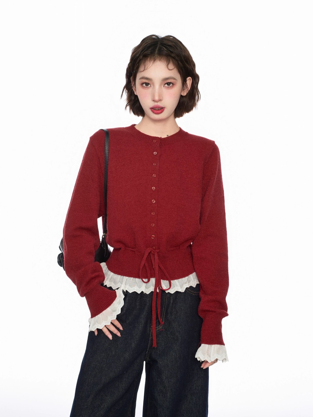 新年本命年圣诞红色假两件蕾丝针织毛衣女秋冬季内搭开衫外套上衣