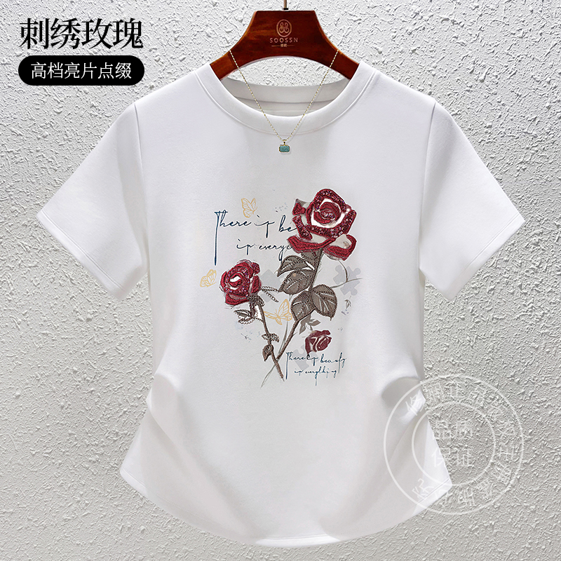 【亮片玫瑰刺绣】时尚气质T恤2025夏季新款印花女装T恤洋气收腰显瘦