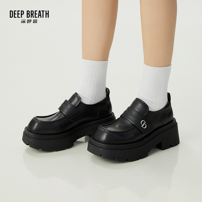 DEEP BREATH深呼吸女鞋 7cm厚底魔术贴方头真皮复古乐福鞋AX13095