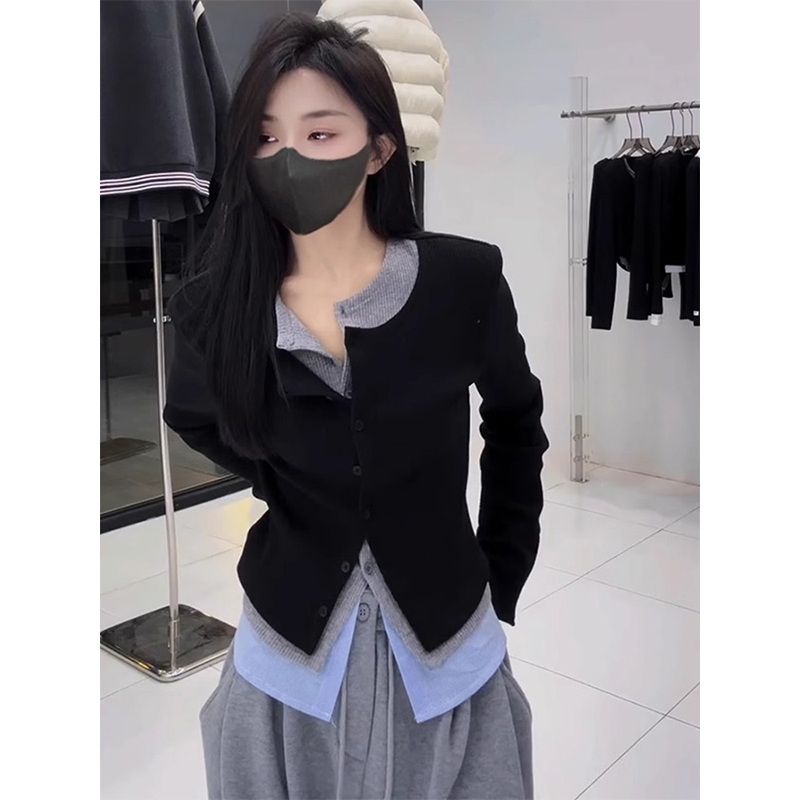 洋气独特别致假三件针织打底衫女早春小个子撞色拼接内搭长袖上衣