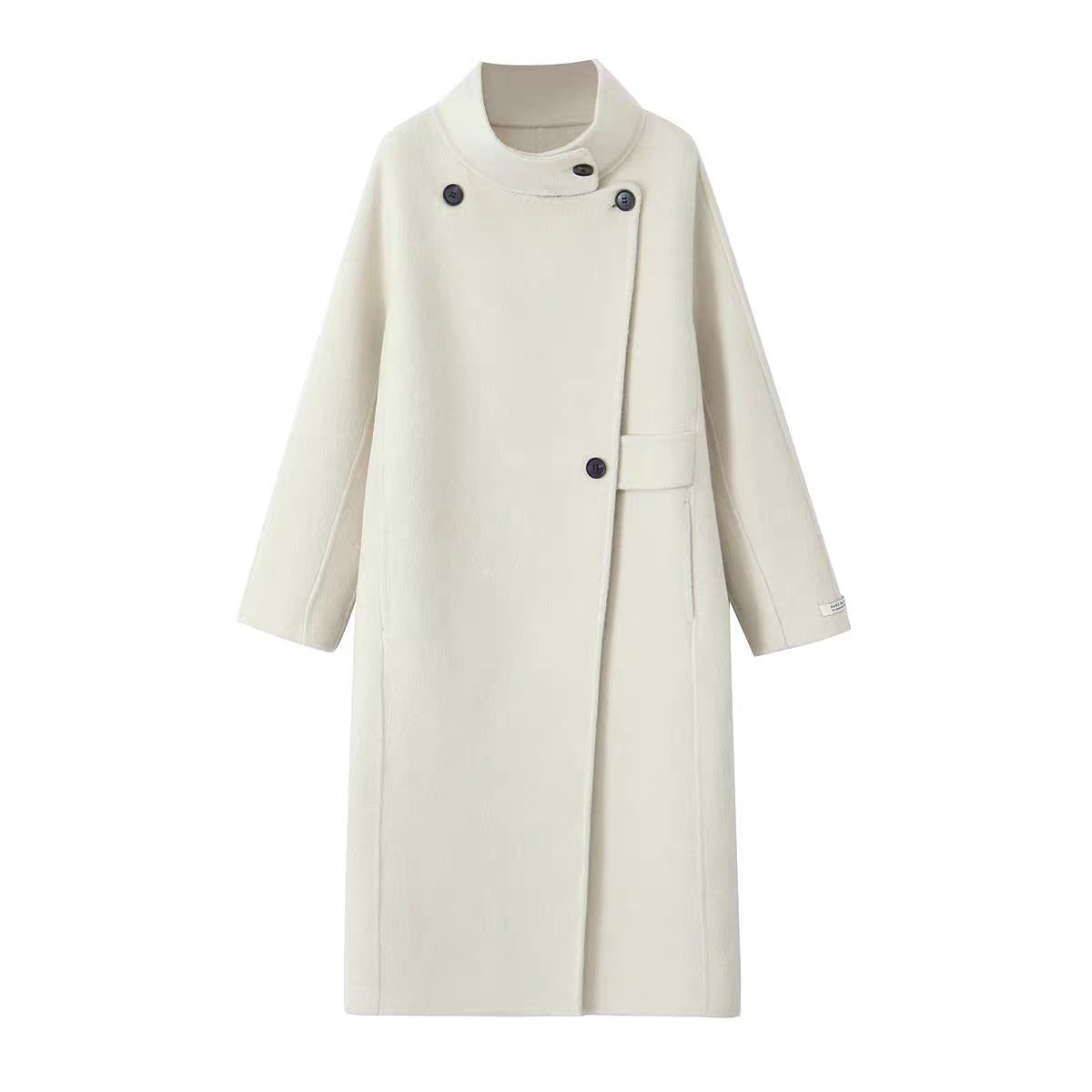 立领秋冬长款毛呢外套金属扣大衣时尚休闲设计师女士