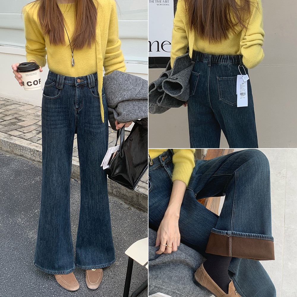 大码女装冬款120-200斤高腰加绒喇叭裤百搭宽松牛仔裤2550