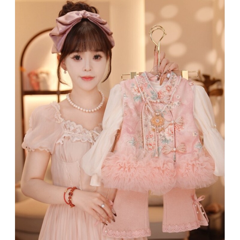 【现货】【Y.g2852】2025秋季新款女童复古国风套装女宝重工长裤套装