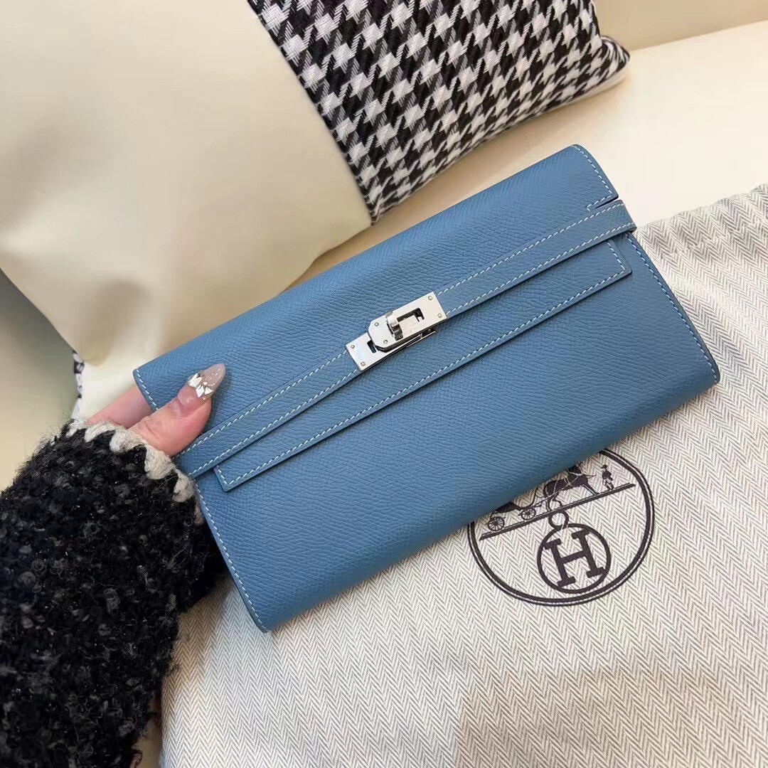 99新 Hermes/爱马仕 爱马仕kelly钱包牛仔蓝银扣P钱包8317009