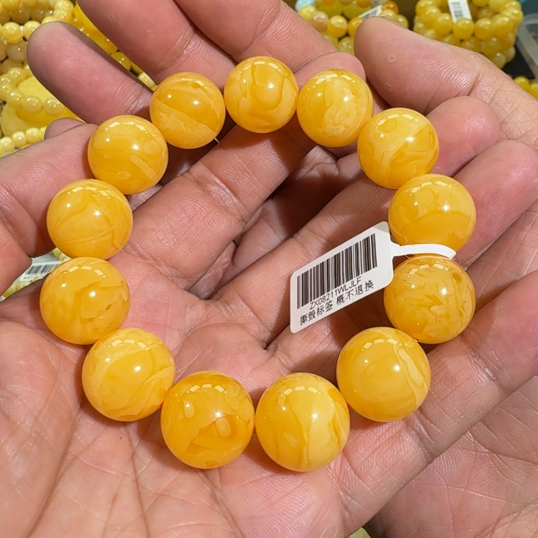 琥珀手链未镶嵌17m焦皮同料橘红花蜡圆珠串36.5