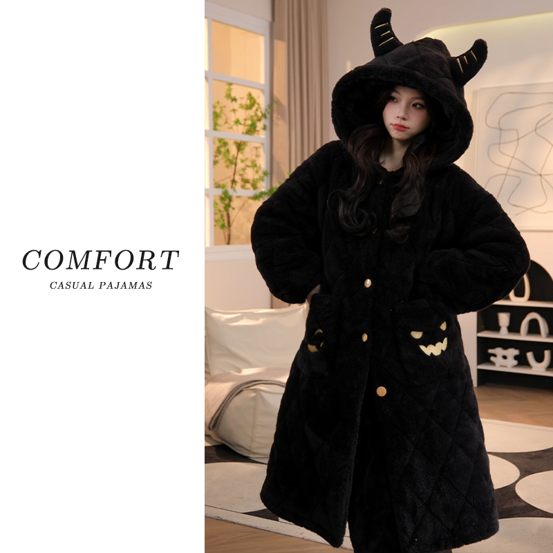 Nuodun/诺盾冬季女士新款三层夹棉睡袍珊瑚绒长款家居服套装外穿