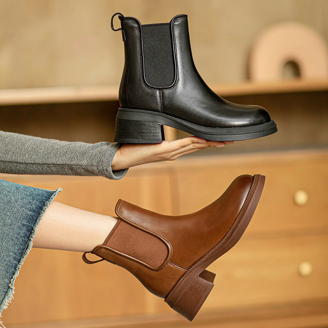 清货！32682 头层牛皮短靴 跟高5公分