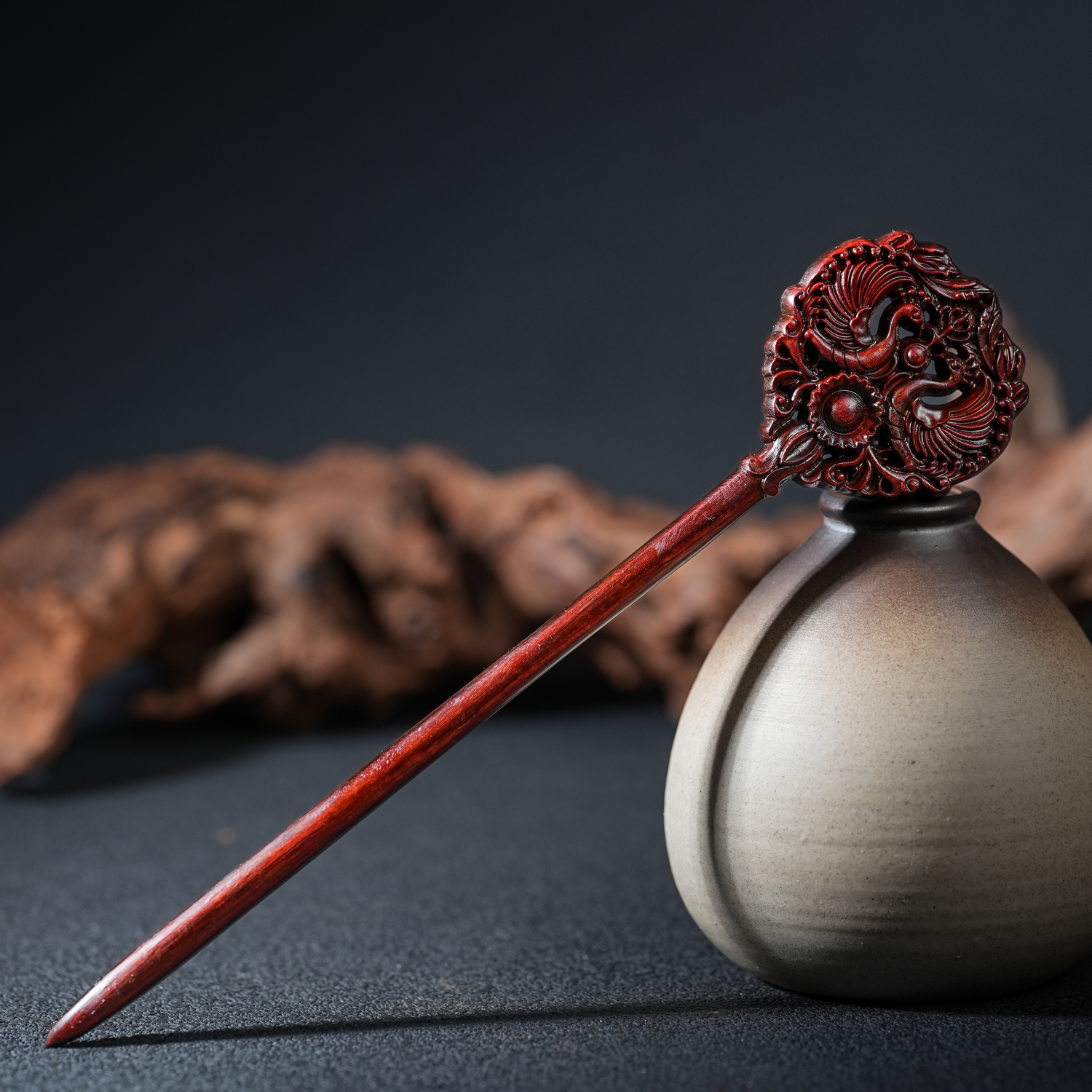 锦绣和鸣新中式孔雀魔法棒高级感檀木发簪重工雕刻古风檀木簪子女