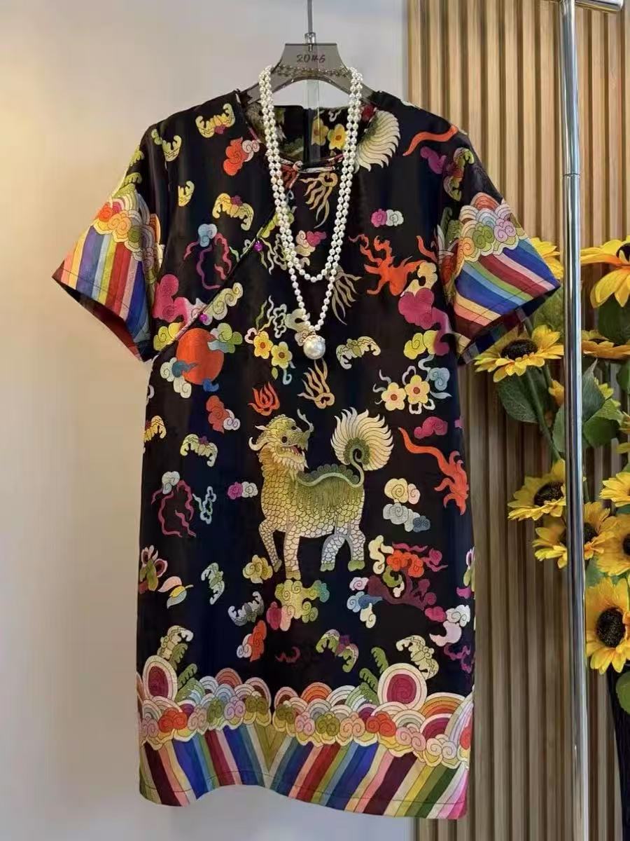 新中式（右襟—宽松版）夏季国风女士短袖连衣裙 显瘦中款国风连衣裙