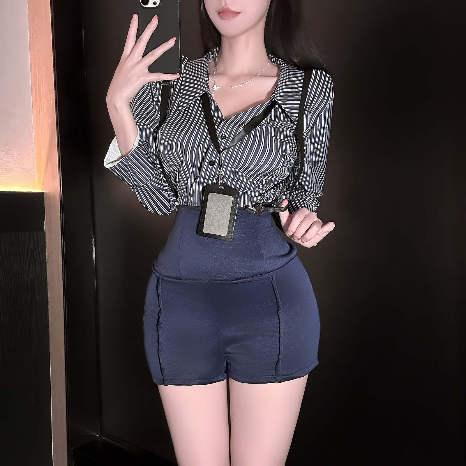 Kitten-甜辣纯欲气质御姐风条纹衬衫上衣高腰鱼骨背带裤套装