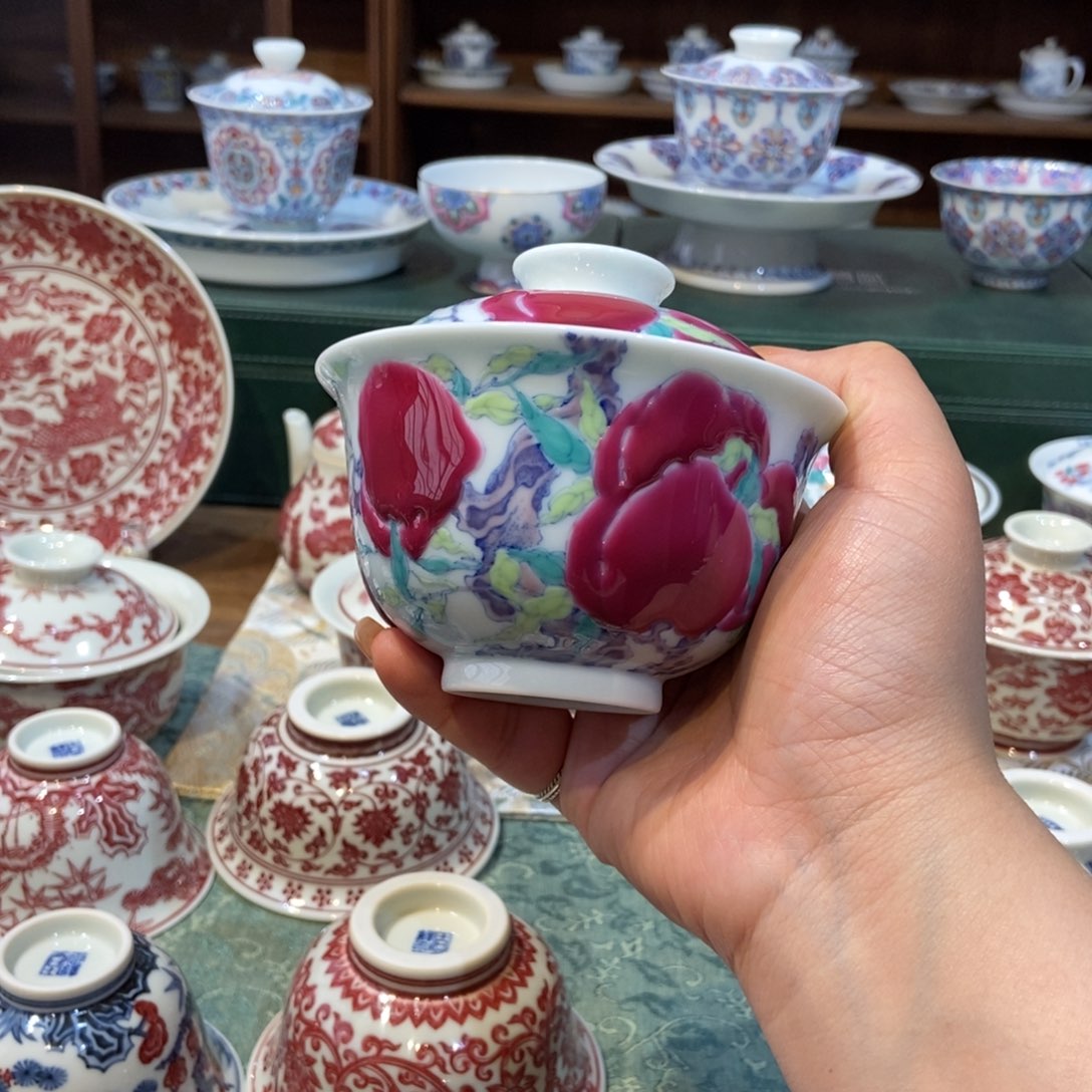 杯冉月观隐九桃五福盖碗