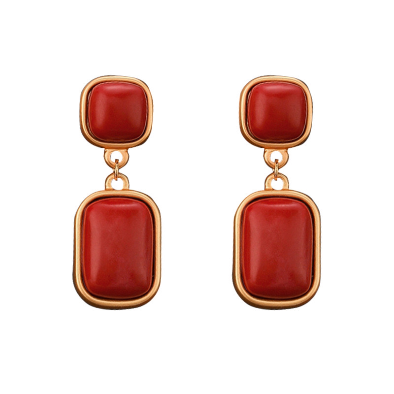 铜合金无非金属耳饰 法式复古红色耳环