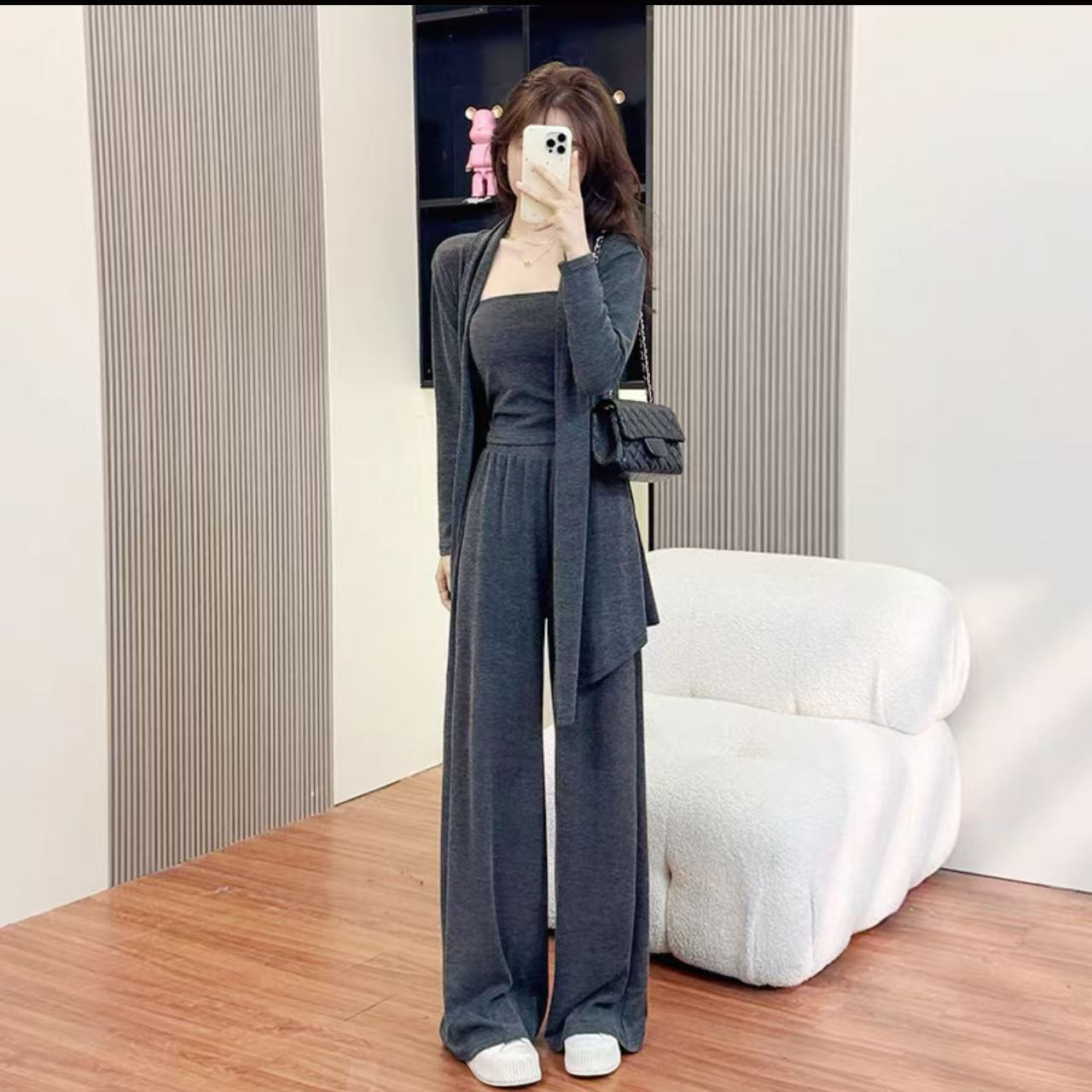 7817-吊带开衫阔腿裤休闲三件套（深灰色）