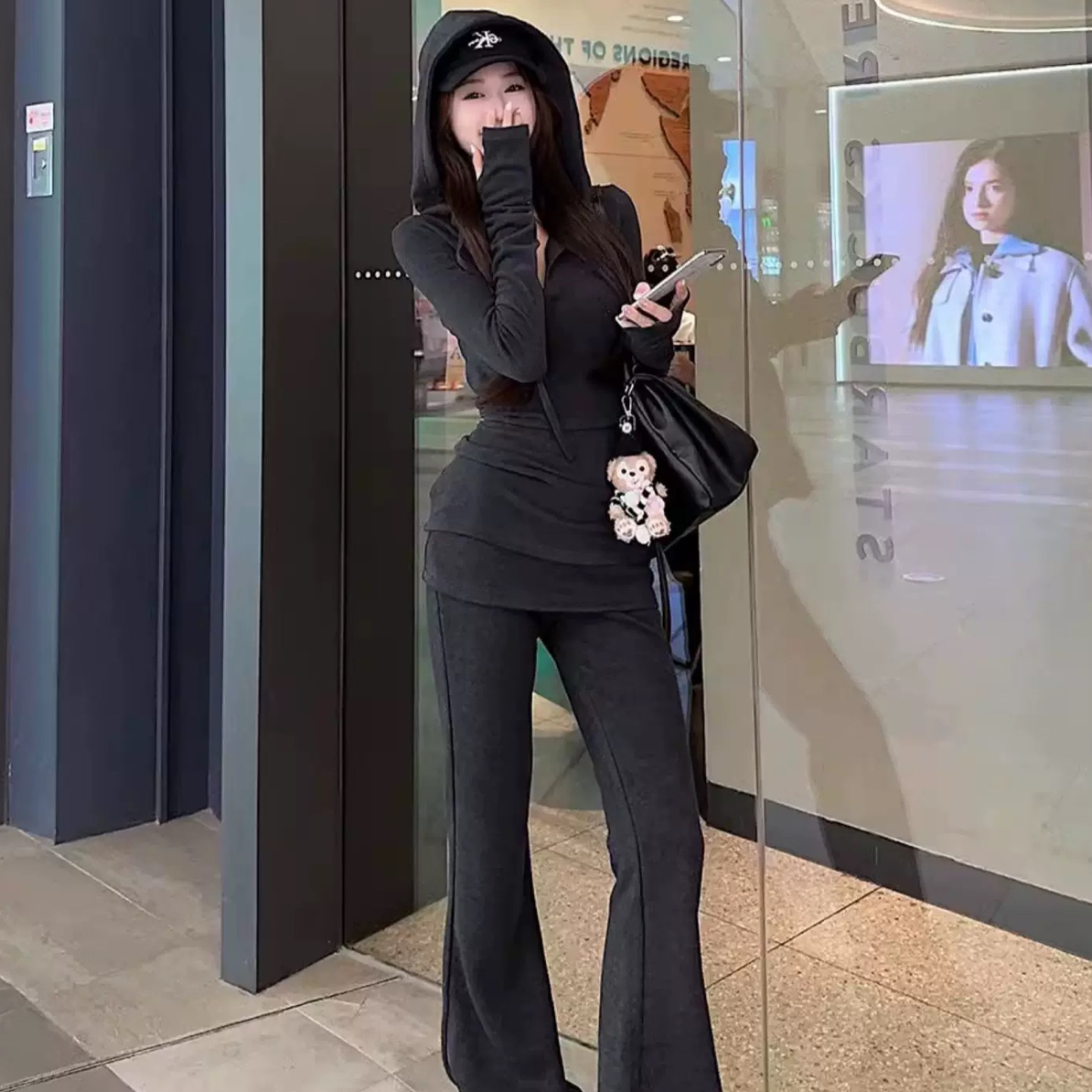 【娇儿家】深灰色修身运动套装女秋季新款卫衣休闲微喇针织喇叭裤
