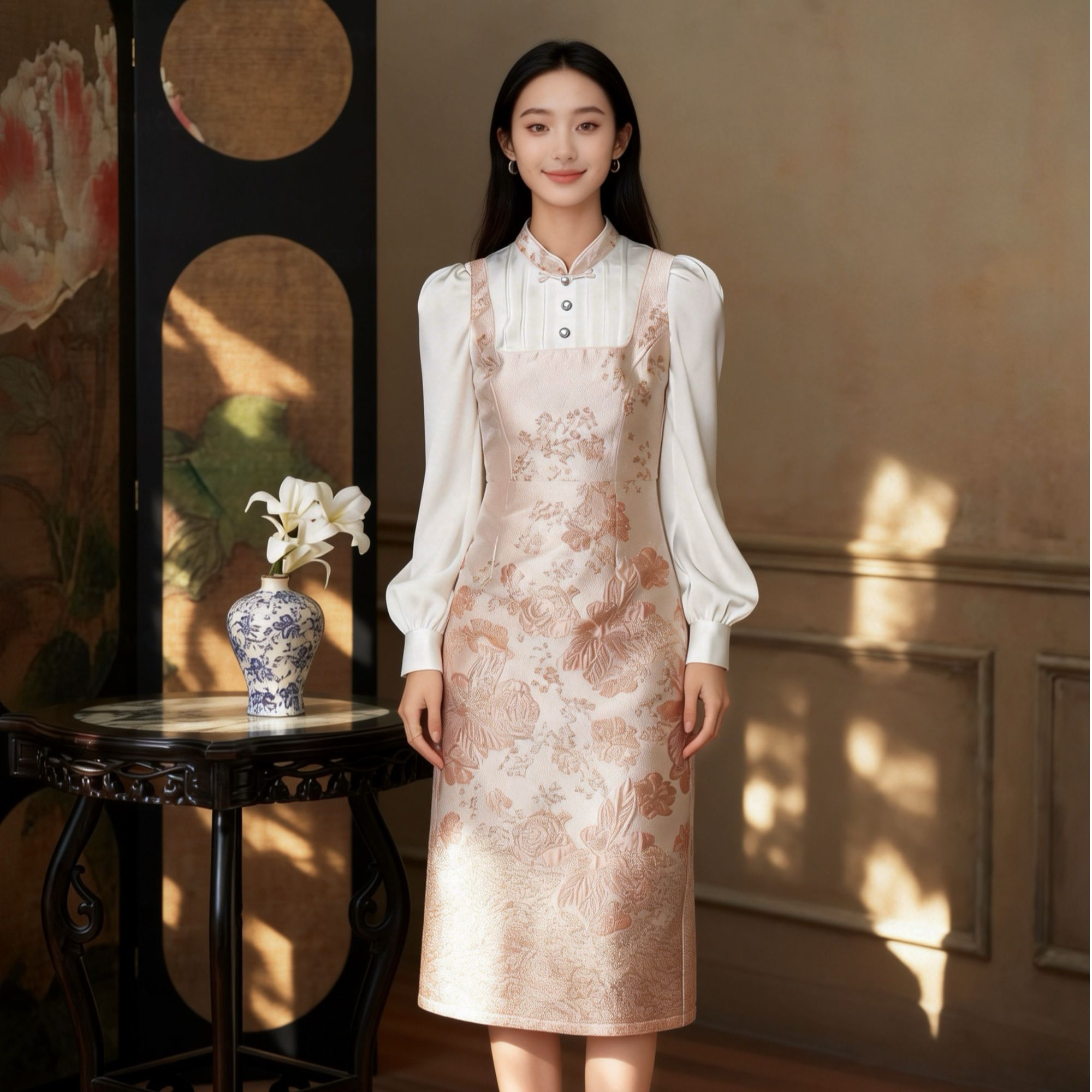 春夏国风奢华提花粉色连衣裙581名媛新中式改良年轻气质古典旗袍