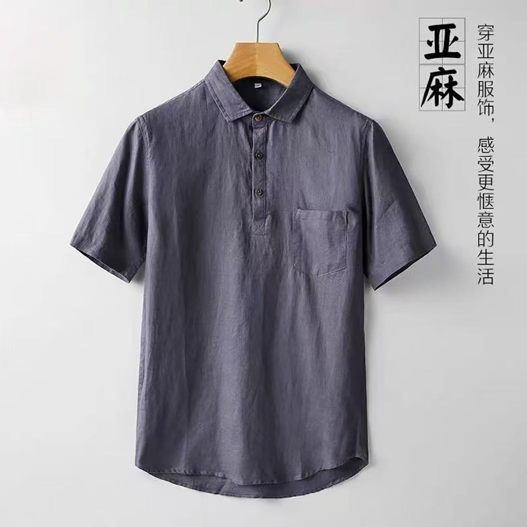 七分袖夏季新款男式亚麻休闲衬衫简约套头衫翻领麻衬衣男士上衣