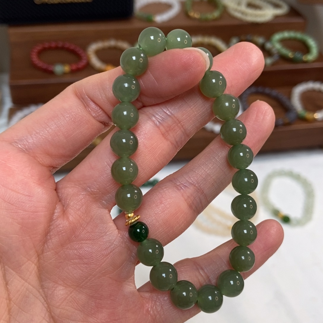 和田玉银S925镶嵌手链福利8mm深湖水绿