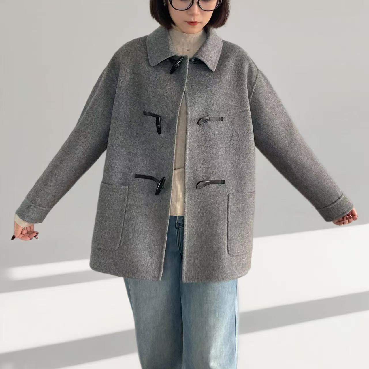 秋冬轻奢时尚双面人工手缝羊毛混纺大衣1840