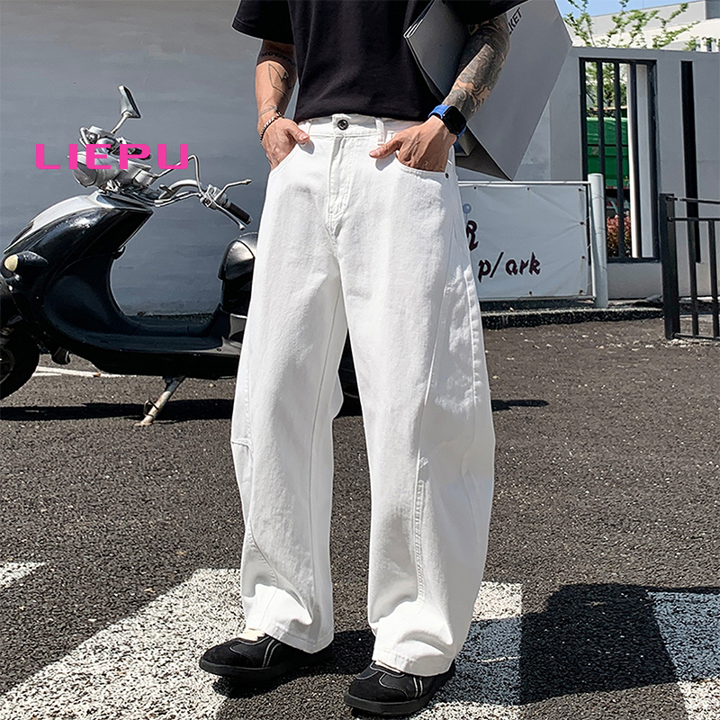 猎璞白色结构牛仔裤男美式高街vibe阔腿长裤男潮流宽松百搭直筒裤