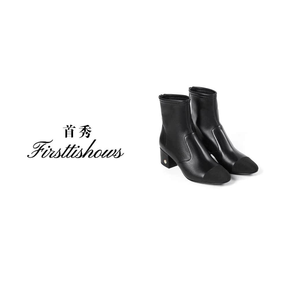 首秀·国奢 【山茶花系列】拼接时尚粗跟尖头高跟时装靴-702