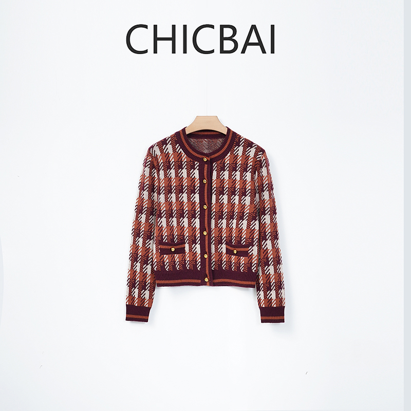 CHICBAI 复古高级撞色千鸟格顶奢康赛妮纱毛衣外套