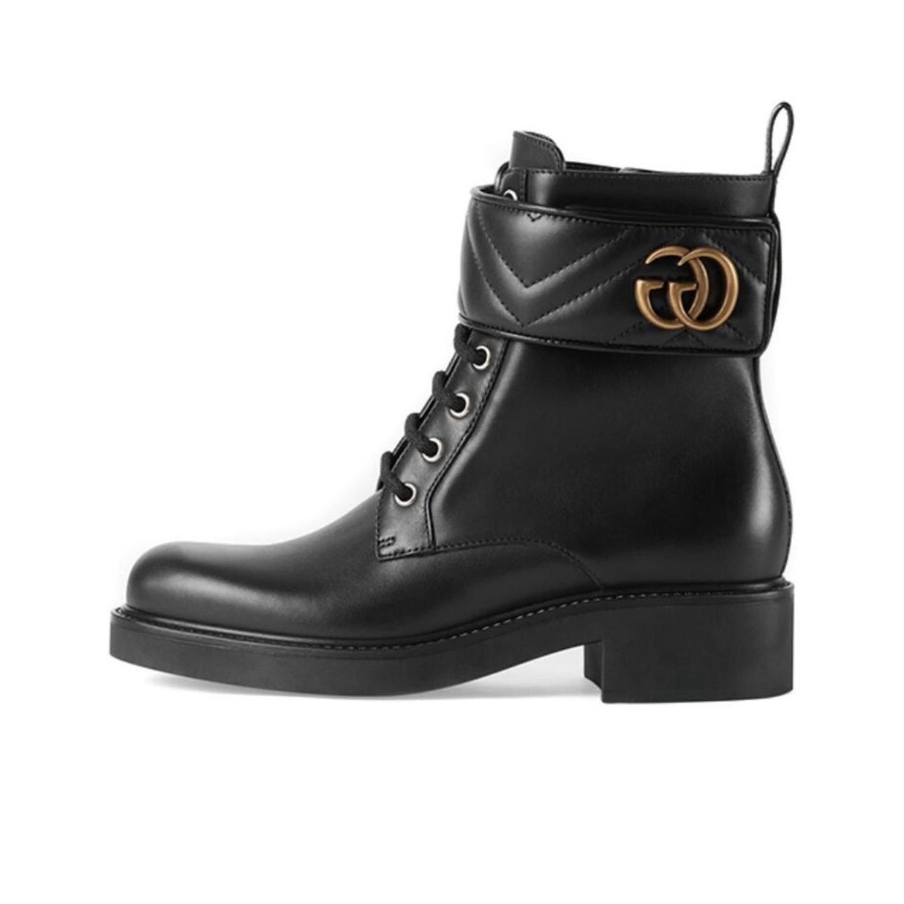 未使用 GUCCI/古驰 女款黑色双G金扣圆头休闲拉链厚底短靴皮鞋